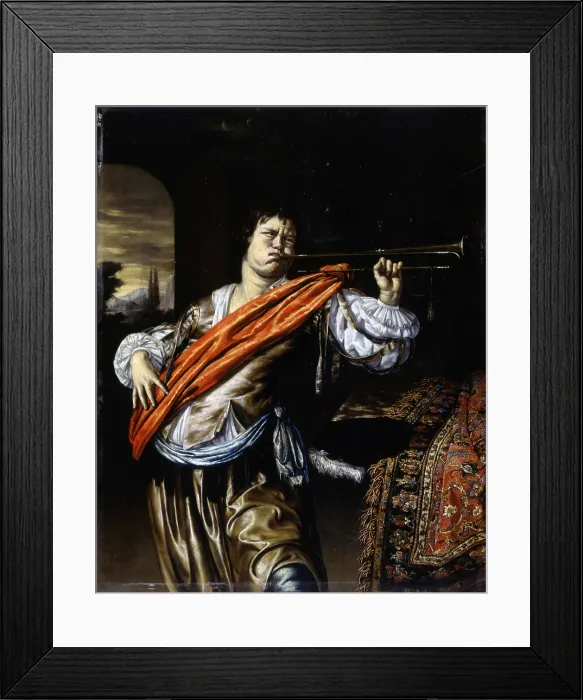 Framed Print : Trumpet Player, by Willem van Mieris, 1675 - 1685, 17th Century, oil on board, 37 x 31 cm - Italy, Lombardy, Milan, Castello Sforzesco, Civic Collection of Ancient Art Framed Print : Trumpet Player, by Willem van Mieris, 1675 - 1685, 17th Century, oil on board, 37 x 31 cm - Italy, Lombardy, Milan, Castello Sforzesco, Civic Collection of Ancient Art