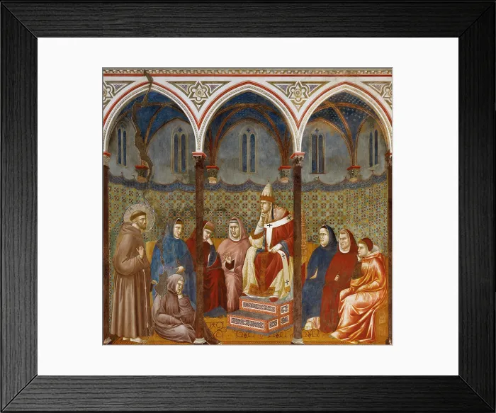 Framed Print : Preaching before Honorius the 3rd, by Giotto, 1297 - 1300, 13th - 14th Century, fresco - Italy, Umbria, Assisi, Papal Basilica of St. Francis of Assisi, Upper Basilica. Detail Framed Print : Preaching before Honorius the 3rd, by Giotto, 1297 - 1300, 13th - 14th Century, fresco - Italy, Umbria, Assisi, Papal Basilica of St. Francis of Assisi, Upper Basilica. Detail