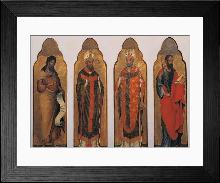 Framed Print : Four Saints, by Paolo Veneziano, 15th Century, board - Italy, Lombardy, Brescia, Tosio Martinengo Civic Library. Whole artwork view. Polyptych with four saints: St Framed Print : Four Saints, by Paolo Veneziano, 15th Century, board - Italy, Lombardy, Brescia, Tosio Martinengo Civic Library. Whole artwork view. Polyptych with four saints: St