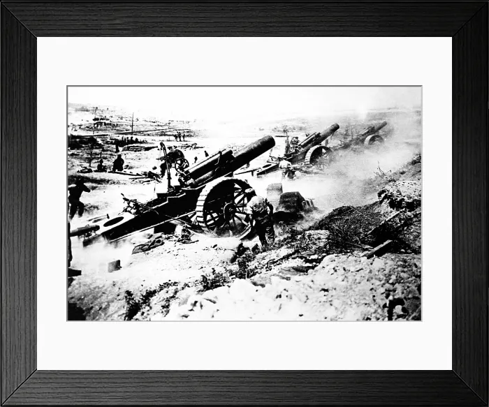 Framed Print : World War I British guns in an elevated position fire toward at the battle front. 1914-1918