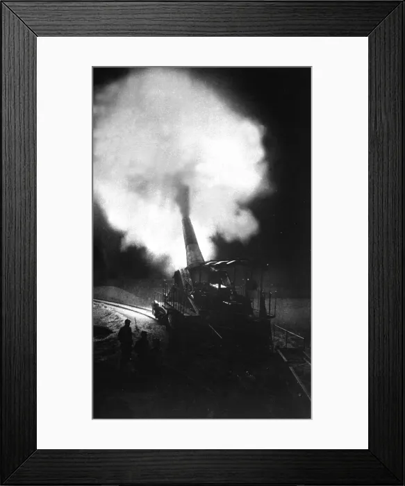 Framed Print : Greatest French gun at moment of firing during a night bombardment. The World War I cannon fired 12.5 inch (320mm) shells. 1914-1918 Framed Print : Greatest French gun at moment of firing during a night bombardment. The World War I cannon fired 12.5 inch (320mm) shells. 1914-1918