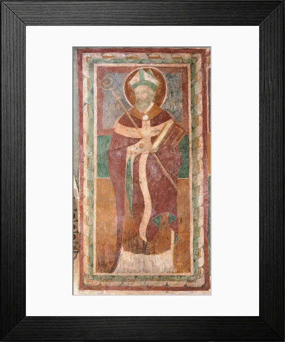 Framed Print : Saint Biagio, by Unknown Artist from Veneto, 1320, 14th Century, fresco - Italy, Venento, Grumolo Pedemonte-Zugliano, Church of Saint Biagio. Whole artwork view. The holy bishop Framed Print : Saint Biagio, by Unknown Artist from Veneto, 1320, 14th Century, fresco - Italy, Venento, Grumolo Pedemonte-Zugliano, Church of Saint Biagio. Whole artwork view. The holy bishop
