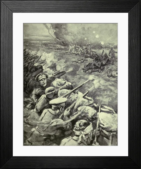 Framed Print : World War 1. Propagandistic British illustration of a German counter-attack on the British occupied Hohenzollern Redoubt, an extension of the Battle of Loos (Sept. 25-Oct)