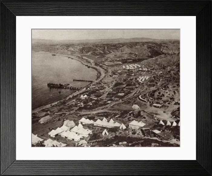 Framed Print : World War 1. Crescent-shaped beach at Gallipoli with the British encampment on the southern tip of the Gallipoli Peninsula during the Dardanelles campaign. View toward the north Framed Print : World War 1. Crescent-shaped beach at Gallipoli with the British encampment on the southern tip of the Gallipoli Peninsula during the Dardanelles campaign. View toward the north