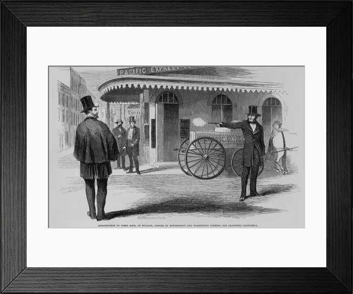 Framed Print : Assassination of James King, newspaper editor and former member of the first San Francisco Vigilance Committee (formed and disbanded in 1851), by James P. Casey Framed Print : Assassination of James King, newspaper editor and former member of the first San Francisco Vigilance Committee (formed and disbanded in 1851), by James P. Casey