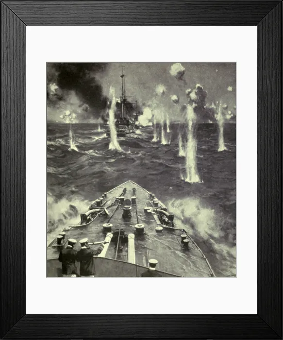 Framed Print : World War 1. The H.M.S. Triumph, following another battleship, up the Dardanelles Straits behind minesweepers and under heavy shell fire from Turkish land forts