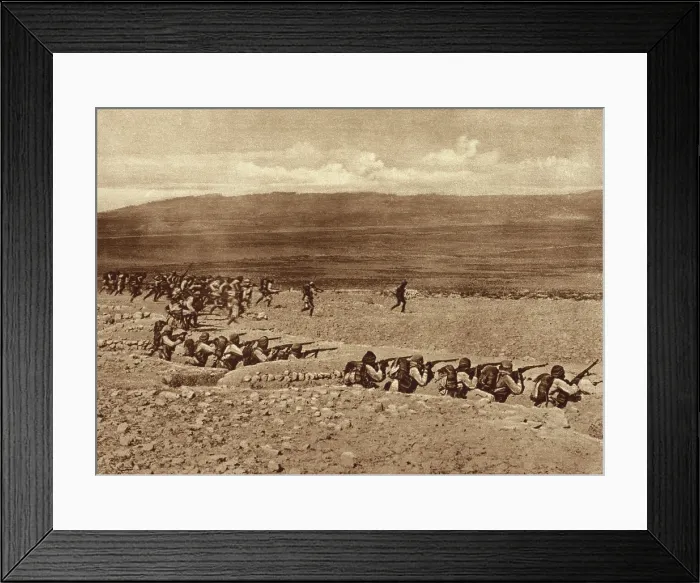 Framed Print : World War 1. Turkish troops leaving their trenches for a charge in a battle with French and British Troops in the early stages of the Gallipoli fighting. 1915