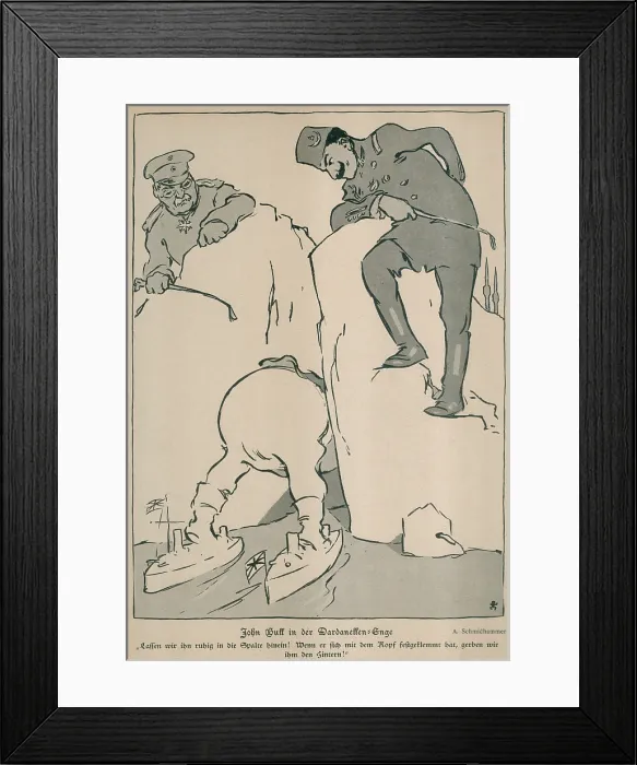 Framed Print : World War 1. German cartoon of Britain's symbol, John Bull, stuck in the Dardanelles. Turkey and Germany watch as Britain gets wedged into the straits
