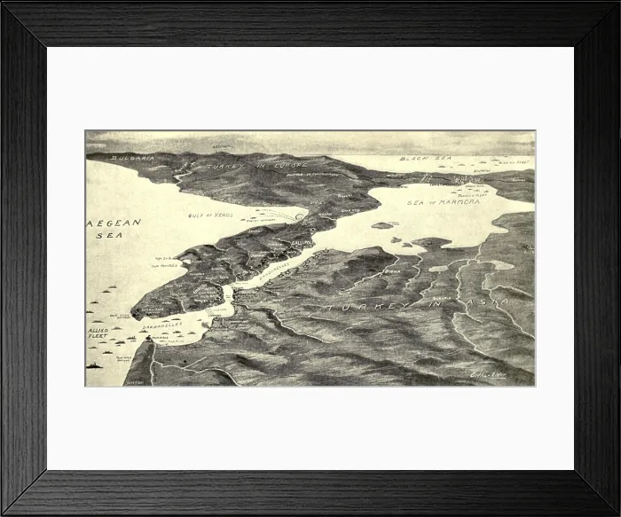 Framed Print : World War 1. Map of the Turkish Straits of the Dardanelles with the British fleet at the far right