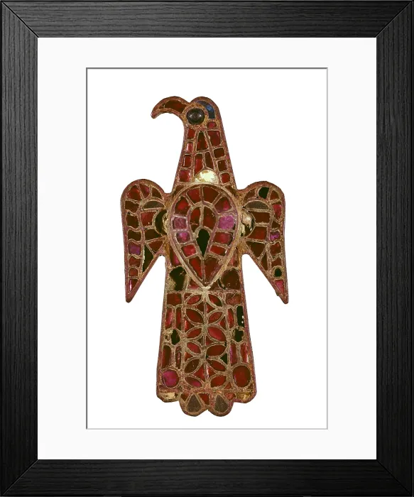 Framed Print : Eagle-shaped Visigothic fibula, 6th century. Bronze and glass paste by the cloisonne technique. Comes from Alovera (Guadalajara). Visigothic art. Glass and Crystal; Jewelry Framed Print : Eagle-shaped Visigothic fibula, 6th century. Bronze and glass paste by the cloisonne technique. Comes from Alovera (Guadalajara). Visigothic art. Glass and Crystal; Jewelry