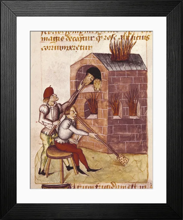 Framed Print : Glass blower. Illustration of 'Tractatus de Herbis', 15 c. of the work 'De Materia Medica'. Gothic art. Miniature Painting. ITALY. Modena. Estense Library