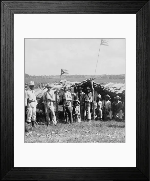 Framed Print : Uniformed Cuban soldiers in the field with their flag and weapons. The multi-racial group is at Guanabacoa, east of Havana, ca. 1899 (BSLOC_2017_10_43)