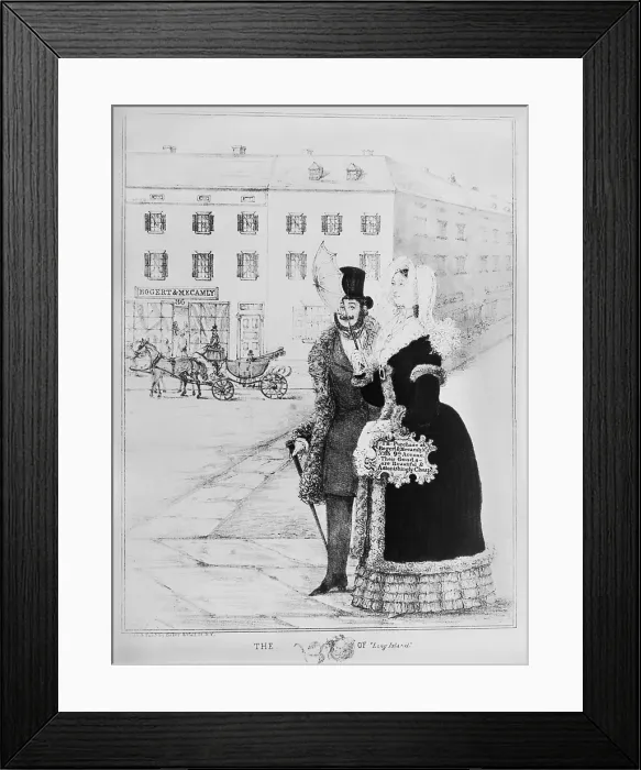 Framed Print : THE ROSE OF LONG ISLAND, a 1840 advertisement, features 19 year old socialite, Julia Gardiner. She holds a sign that reads, Ill purchase at Bogert and Mecamlys