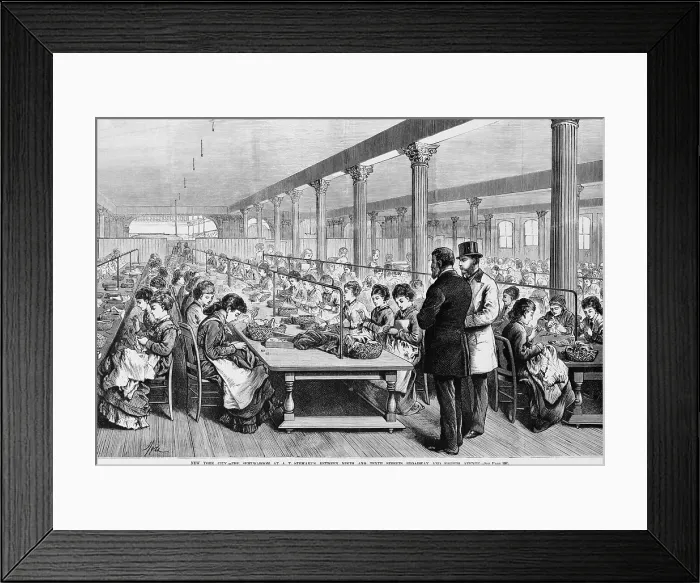 Framed Print : Seamstresses at long tables in the sewing-room at A.T