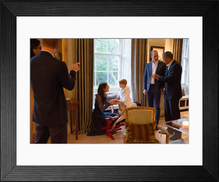 Framed Print : President Barack Obama talks with Prince William at Kensington Palace in London, April 22, 2016. In center Duchess of Cambridge speaks with Prince George Framed Print : President Barack Obama talks with Prince William at Kensington Palace in London, April 22, 2016. In center Duchess of Cambridge speaks with Prince George
