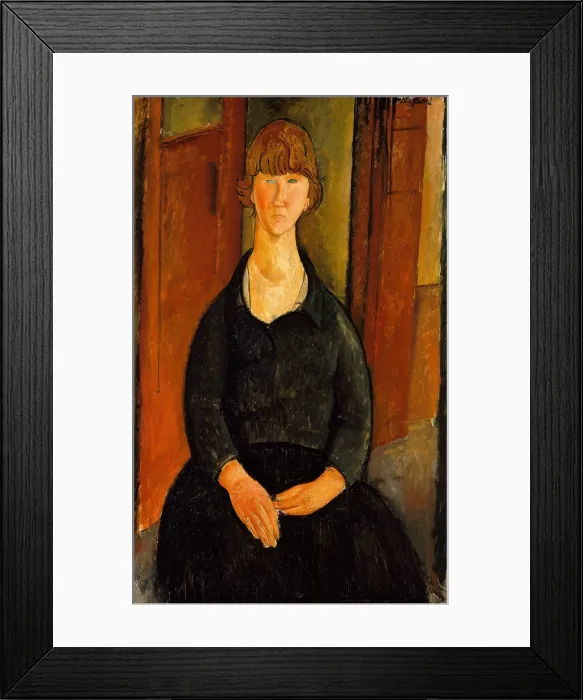 Framed Print : FLOWER VENDOR, by Amedeo Modigliani, 1919, Italian modernist painting, oil on canvas. Seated young woman painted in an interior