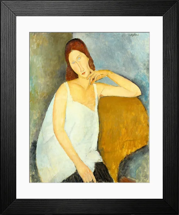 Framed Print : JEANNE HEBUTERNE, by Amedeo Modigliani, 1919, Italian modernist painting, oil on canvas. Hebuterne, the artists 21 year old mistress, was pregnant with their second child