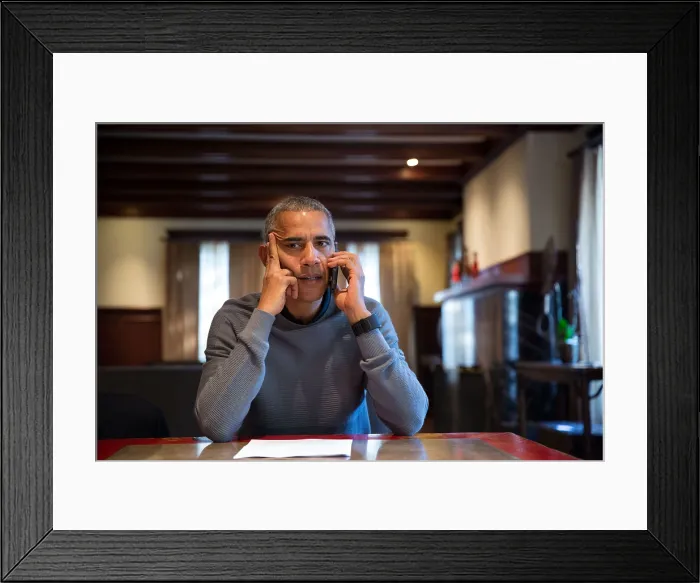 Framed Print : President Barack Obama on the phone with FEMAs Craig Fugate during Hurricane Matthew. Obama is calling from his from his home in Chicago, Oct. 8, 2016 (BSLOC_2016_14_172)