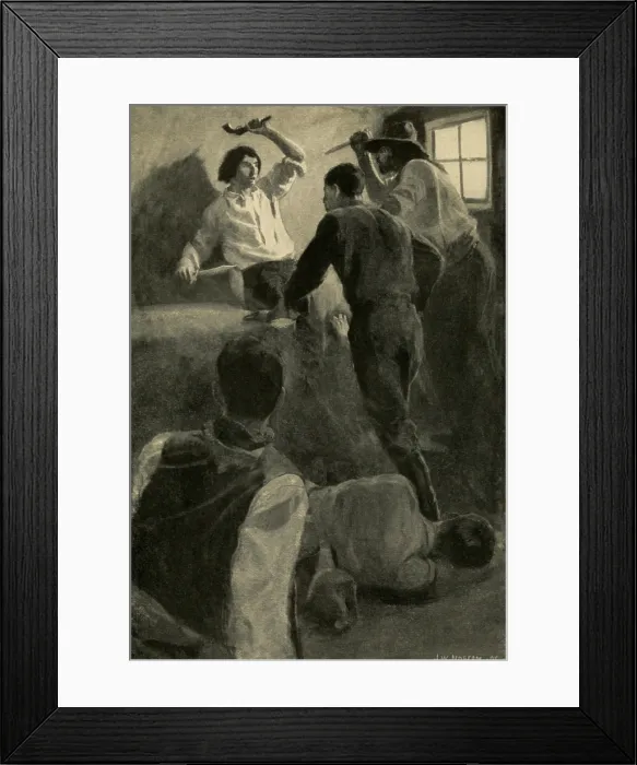 Framed Print : Scene of adventure in the life of young Wild Bill Hickok, showing his Desparate Fight in the Dug-Out- one man against ten. Print from a painting by John W. Norton