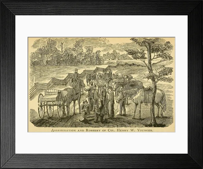 Framed Print : Assassination of Colonel Henry Washington Younger, the father of the Confederate guerilla, Cole Younger, on July 20, 1862