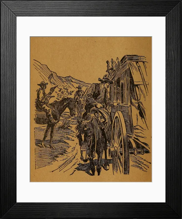 Framed Print : Dalton Gang robbing a stage coach. Illustration. Ca. 1890-92 Framed Print : Dalton Gang robbing a stage coach. Illustration. Ca. 1890-92