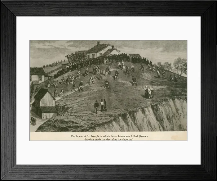 Framed Print : Jesse James death occurred in this house at St. Joseph, Missouri. Wood engraving from a drawing made the day of the shooting, April 3, 1882