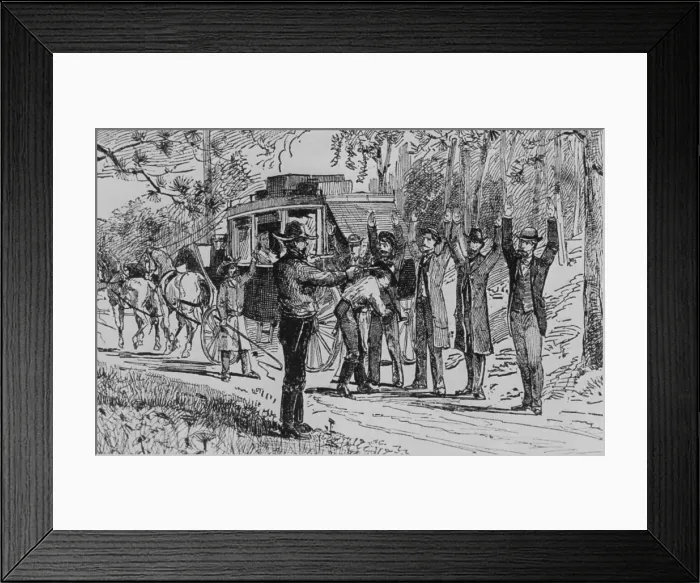 Framed Print : Jesse James and Bill Ryan robbing a stage coach of tourists on their way to Mammoth Cave on September 3, 1880. The picture accurately records the scene as described by a witness Framed Print : Jesse James and Bill Ryan robbing a stage coach of tourists on their way to Mammoth Cave on September 3, 1880. The picture accurately records the scene as described by a witness