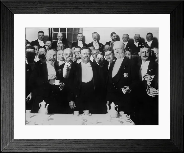 Framed Print : Ex-President Theodore Roosevelt at a City Hall banquet, Copenhagen, May 7, 1910. TR is the central figure flanked by men in royal formal dress (BSLOC_2017_8_18) Framed Print : Ex-President Theodore Roosevelt at a City Hall banquet, Copenhagen, May 7, 1910. TR is the central figure flanked by men in royal formal dress (BSLOC_2017_8_18)