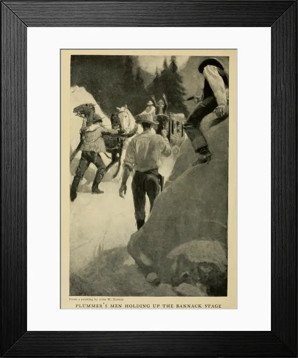 Framed Print : 1907 illustration of Plummer's men holding up the Bannack Stage