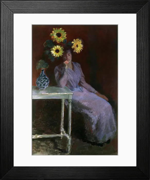 Framed Print : Portrait of Suzanne with Sunflowers (Portrait de Suzanne aux soleils), by Claude Monet, 1890, 19th Century, oil on canvas, 162 x 107 cm - Private collection. Whole artwork view