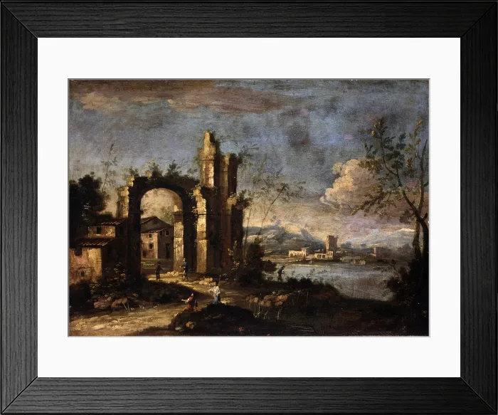 Framed Print : Landscape with Ruins and Country House, by Unknown Artista from Veneto, 1750, 18th Century, oil on canvas - Italy, Lombardy, Milan, Castello Sforzesco