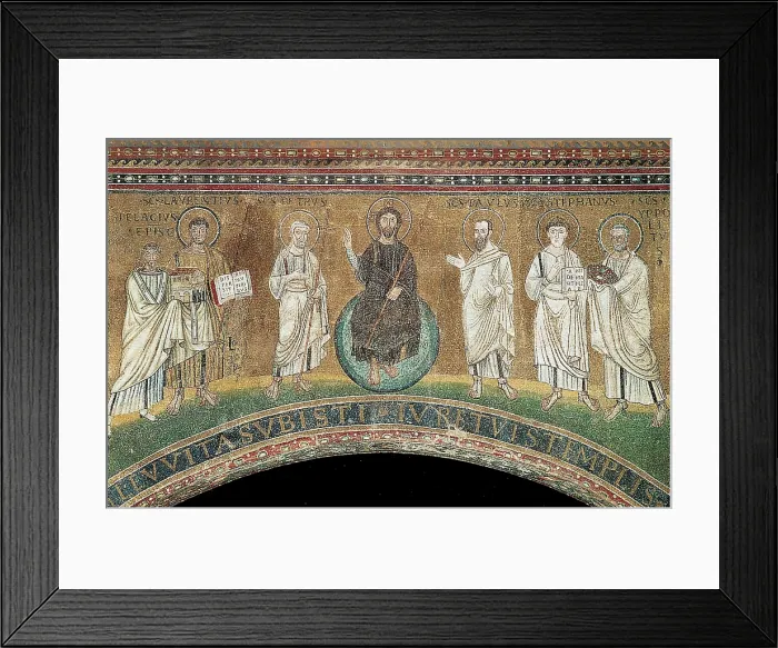Framed Print : Unknown, Benedictory Jesus with Sts Lawrence, Peter, Paul, Stephen, Hippolytus and Pope Pelagio, 6th Century, mosaic, Italy, Lazio, Rome, San Lorenzo fuori le Mura Church