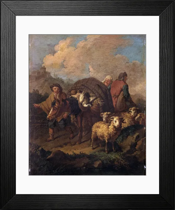 Framed Print : Sheperds Travelling with Donkey and Sheep, after Francesco Londonio, 18th Century, oil on canvas paper - Italy, Lombardy, Milan, Castello Sforzesco Framed Print : Sheperds Travelling with Donkey and Sheep, after Francesco Londonio, 18th Century, oil on canvas paper - Italy, Lombardy, Milan, Castello Sforzesco