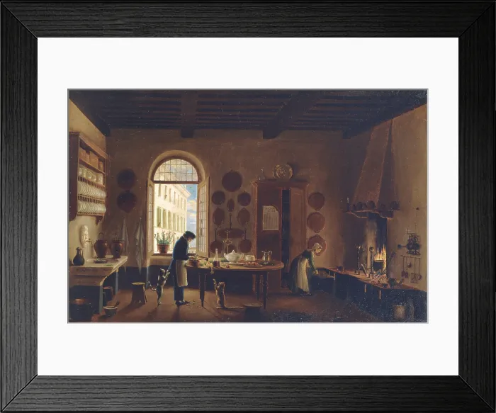 Framed Print : Digerini Antonio, The Kitchen of Palazzo Mozzi, 1825, 19th Century, oil on canvas, Italy, Lazio, Rome