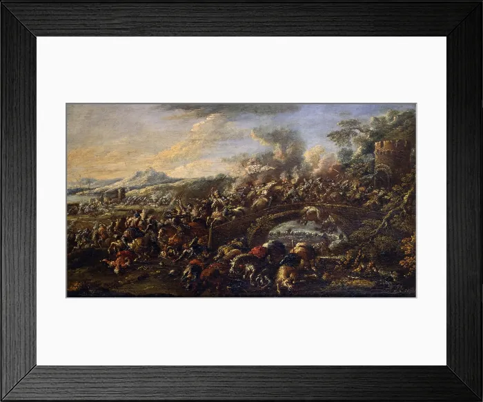Framed Print : Cavalry battle on a bridge, by Pietro Graziani, 18th Century, oil on canvas - Italy, Lombardy, Milan, Castello Sforzesco, Civic Collection of Ancient Art. Whole artwork view