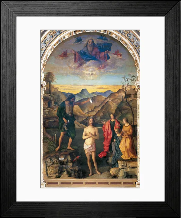 Framed Print : Baptism of Christ, by Giovanni Bellini, 1500 - 1502, 16th Century, oil on canvas, 400 x 263 cm - Italy, Veneto, Vicenza, Church of Saint Corona. Whole artwork view