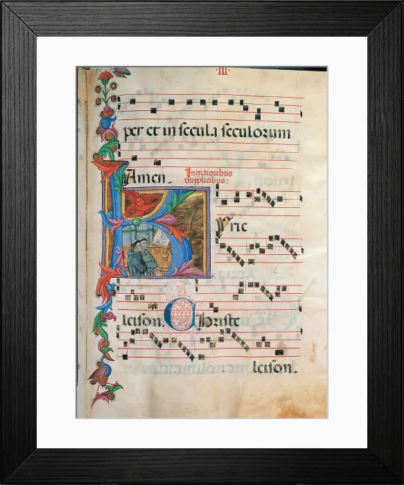 Framed Print : Unknown, Gradual and Kyrial: two Monks sing in front of a Lectern, 15th Century, illuminated manuscript, Italy, Tuscany, Siena, Osservanza Basilica Framed Print : Unknown, Gradual and Kyrial: two Monks sing in front of a Lectern, 15th Century, illuminated manuscript, Italy, Tuscany, Siena, Osservanza Basilica