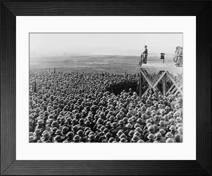 Framed Print : General John Pershing, on reviewing stand addressing the men of the 4th Div. in Kaisersech, Rhenish Prussia, Germany, Mar. 18, 1919