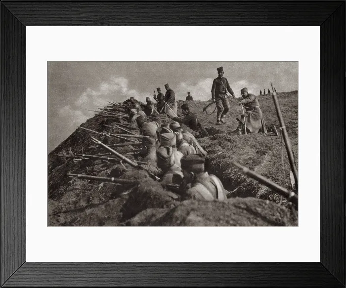 Framed Print : World War 1. Serbia trench position at the crest of a hill. Ca. 1914-18