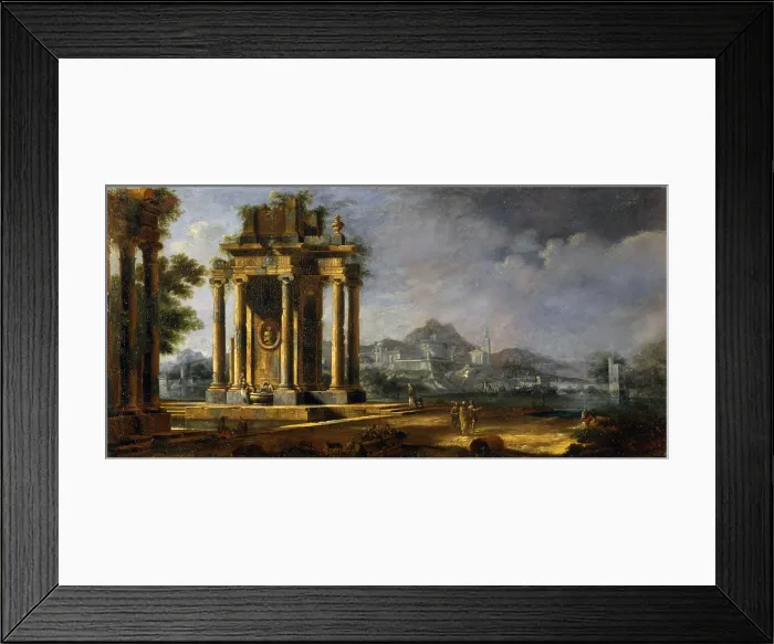 Framed Print : Capriccio with architectures and stretch of sea, attributed to Gennaro Greco also known as Mascacotta, 1700 - 1720, 18th Century, oil on canvas - Italy, Lombardy, Milan Framed Print : Capriccio with architectures and stretch of sea, attributed to Gennaro Greco also known as Mascacotta, 1700 - 1720, 18th Century, oil on canvas - Italy, Lombardy, Milan