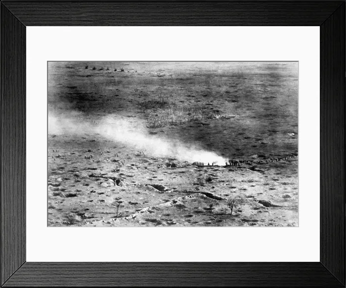 Framed Print : World War I aerial photo of French troops on the Somme Front, launching an attack on the Germans. 1916-18