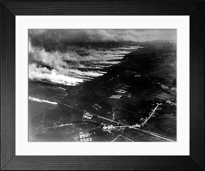 Framed Print : Aerial photo of a gas attack from cylinders. Probably taken during training exercises in France. World War I. Ca. 1915-1918