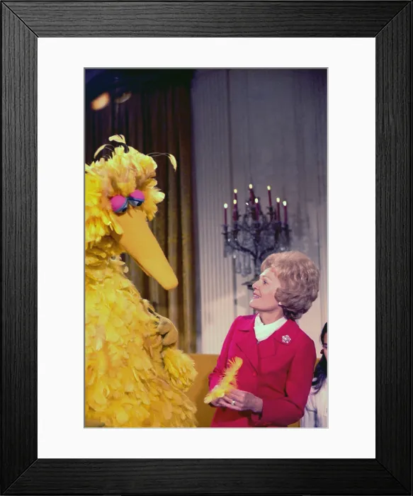 Framed Print : First Lady Pat Nixon meeting with Big Bird from Sesame Street in the White House. Ca. 1969-74 Framed Print : First Lady Pat Nixon meeting with Big Bird from Sesame Street in the White House. Ca. 1969-74
