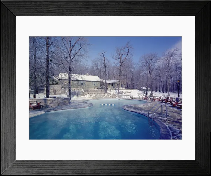 Framed Print : Maryland Presidential Retreat. Camp David Lodge and swimming pool in the winter. Ca. 1969-74
