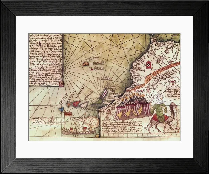 Framed Print : CRESQUES, Jafuda (1350-1410); CRESQUES, Abraham ( -1381). Catalan Atlas. 1375. Third and Fourth Leaves. Map of the world known in the 14th c. (Finisterre and the Mediterranean)