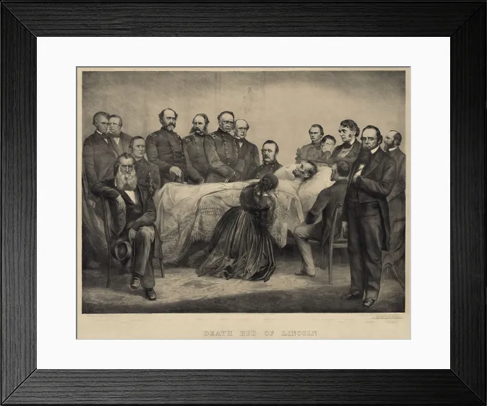 Framed Print : Military commanders and Cabinet members witness Abraham Lincolns death on April 15, 1865. Mary Lincoln kneels at her husbands bedside in a commemorative lithograph