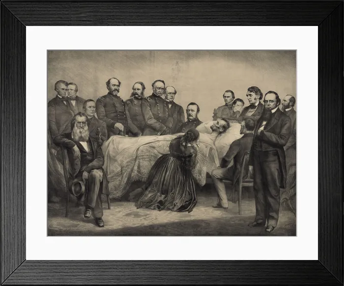 Framed Print : Military commanders and Cabinet members witness Abraham Lincolns death on April 15, 1865. Mary Lincoln kneels at her husbands bedside in a commemorative lithograph