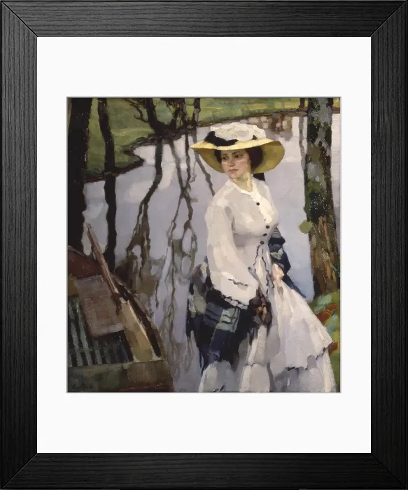 Framed Print : On the Shore (Sulla riva), by Leo Putz, 1909, 20th Century, oil on canvas - Private collection. Whole artwork view. Portrait of a young woman walking on a river shore
