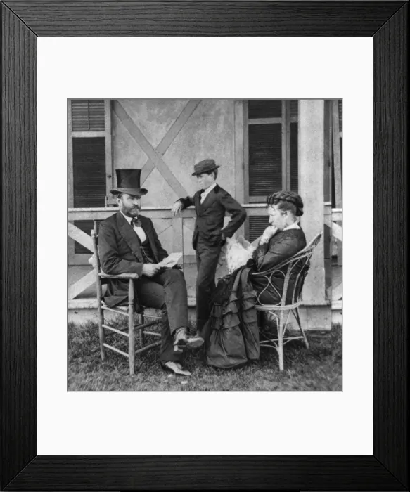 Framed Print : President Ulysses Grant seated on porch with his wife, Julia, and youngest son, Jesse. Long Branch, N.J. in 1872 (BSLOC_2016_14_54)