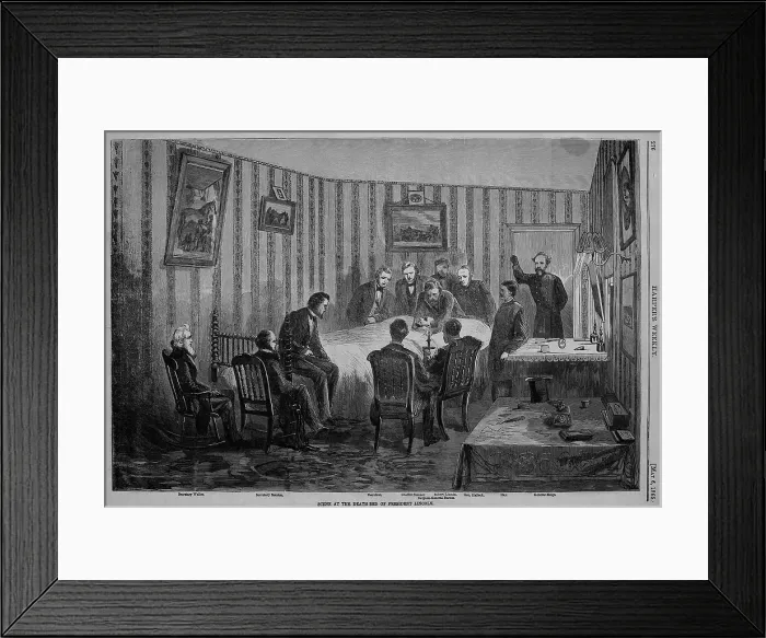 Framed Print : Scene at the deathbed of President Abraham Lincoln, April 15, 1865. L-R: Wells, Stanton, Sumner, Dennison, Surgeon Gen. Barnes, Robert Lincoln, Gen. Halleck, Hay, Gen. Meigs Framed Print : Scene at the deathbed of President Abraham Lincoln, April 15, 1865. L-R: Wells, Stanton, Sumner, Dennison, Surgeon Gen. Barnes, Robert Lincoln, Gen. Halleck, Hay, Gen. Meigs